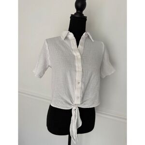 Tahari crop Tie Front‎ Top Women size S petite cotton Short Sleeve White